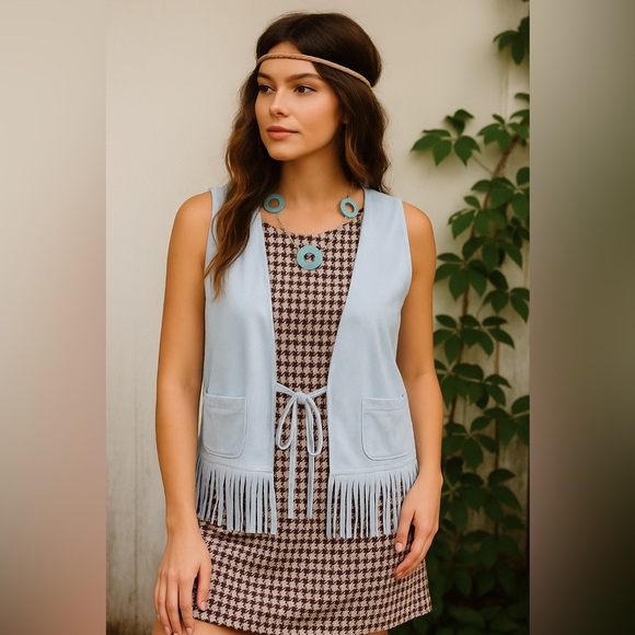Jackets & Blazers - Baby Blue Fringe Faux Suede Vest size 14‎